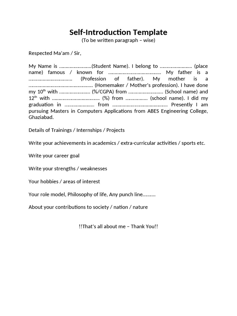 Self Introducttion - Template | PDF
