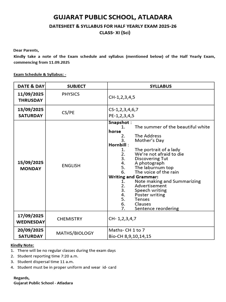 Class XI - A Datesheet and Syllabus For Half Yearly (2025-26) | PDF ...