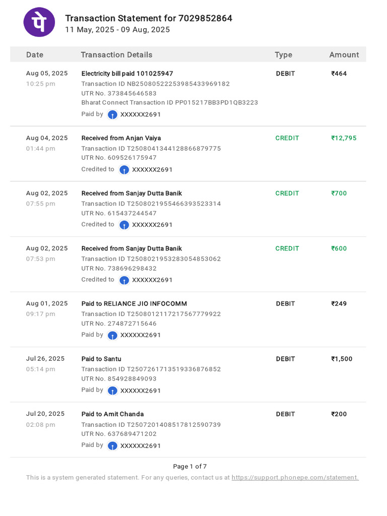 Transaction Statement for Account 7029852864 | PDF | Debit Card ...