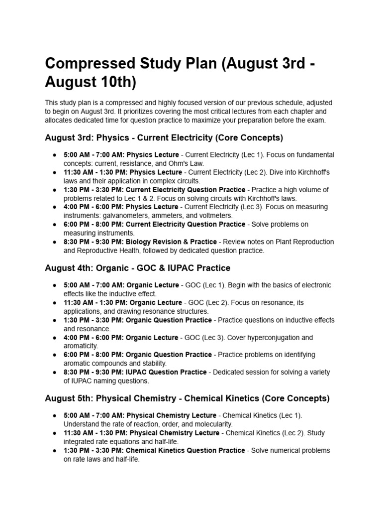Compressed Study Plan (August 3rd - August 10th) | PDF | Physical ...
