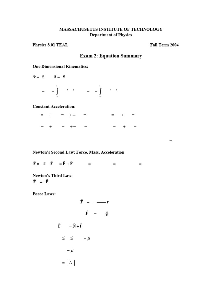 Physics 8.01 Exam 2 Equation Summary | PDF | Orbit | Force