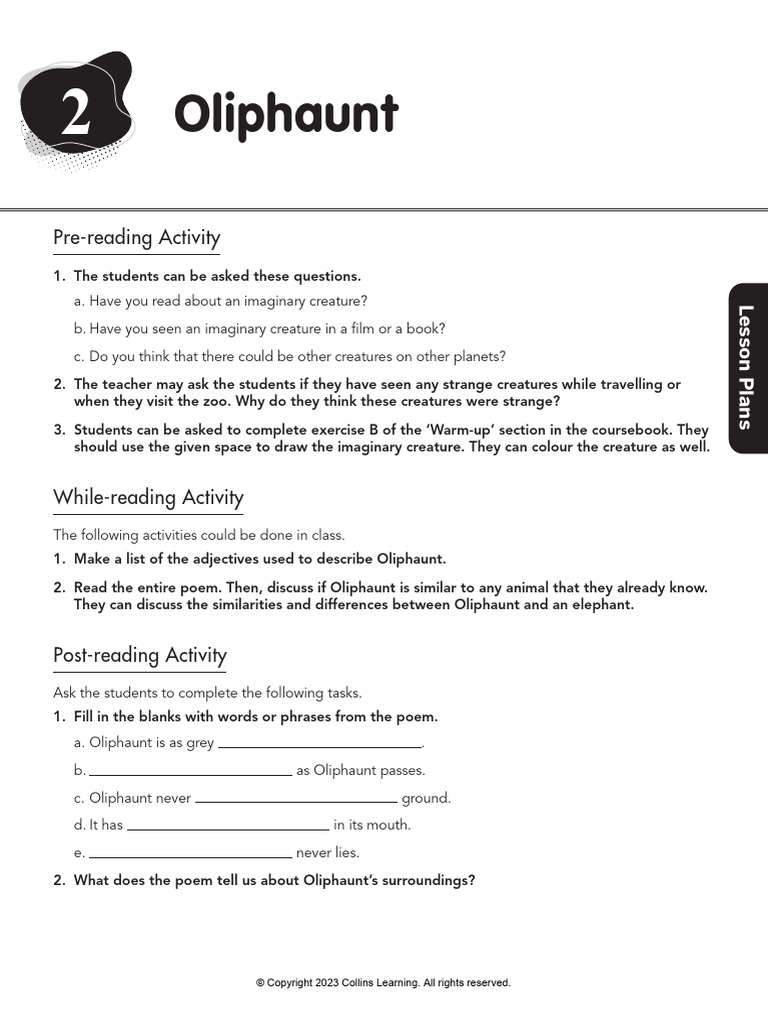 Oliphaunt Poem Lesson Plan Activities | PDF | Linguistics | Human ...