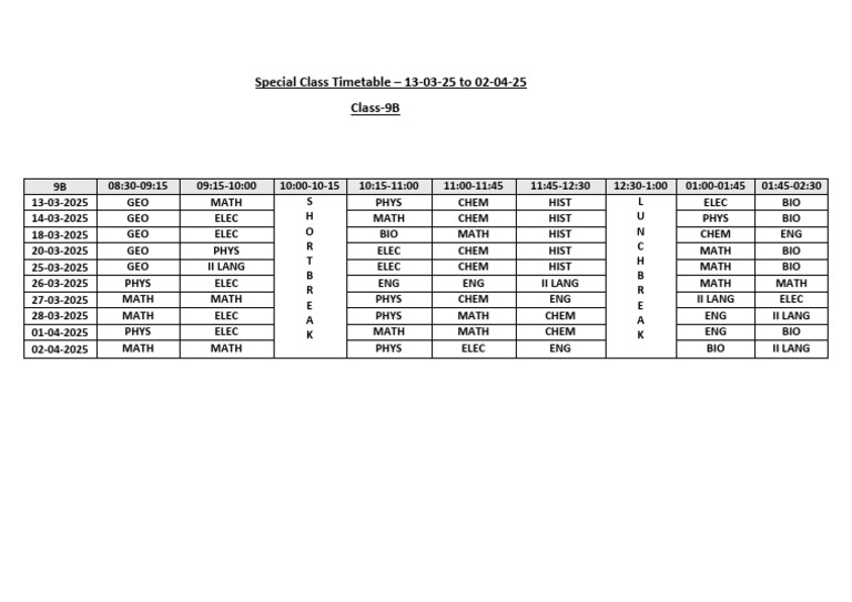 9B Class Timetable: Mar-Apr 2025 | PDF