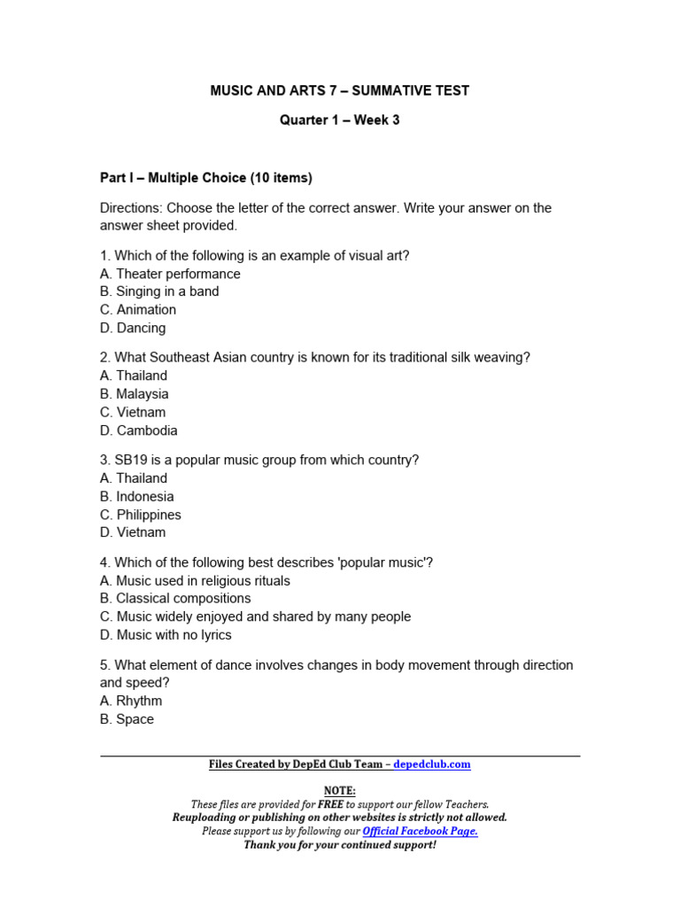 q1 - Summative Music and Arts 7 Week 2 | PDF | Dances | Paintings