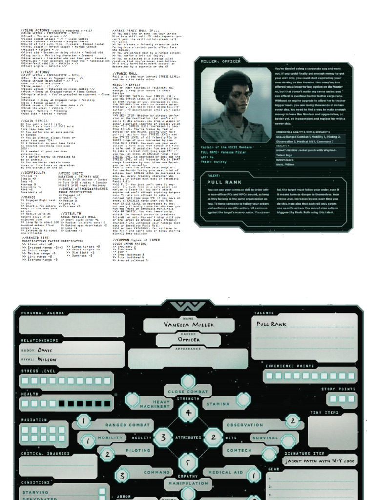 Alien RPG - Montero Crew & Reference Sheet (3rd Party) | PDF