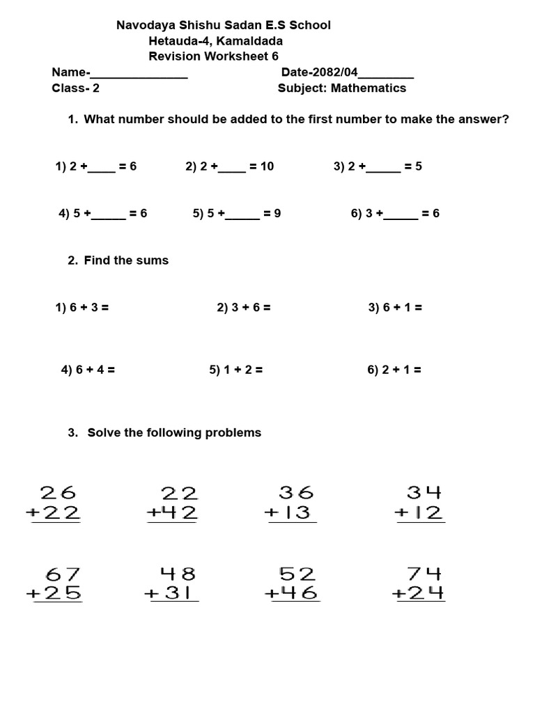Class 2 Maths Revision Worksheet | PDF