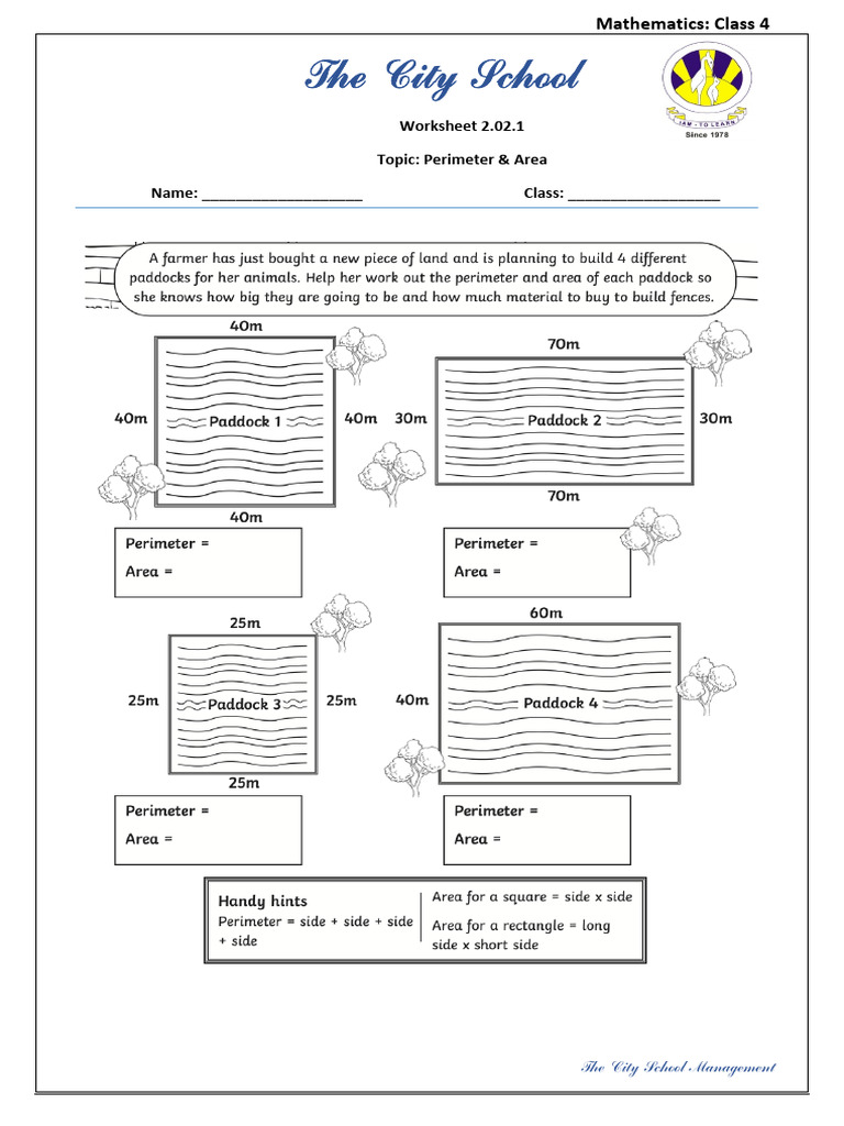 Class 4 Math: Perimeter & Area Worksheet | PDF