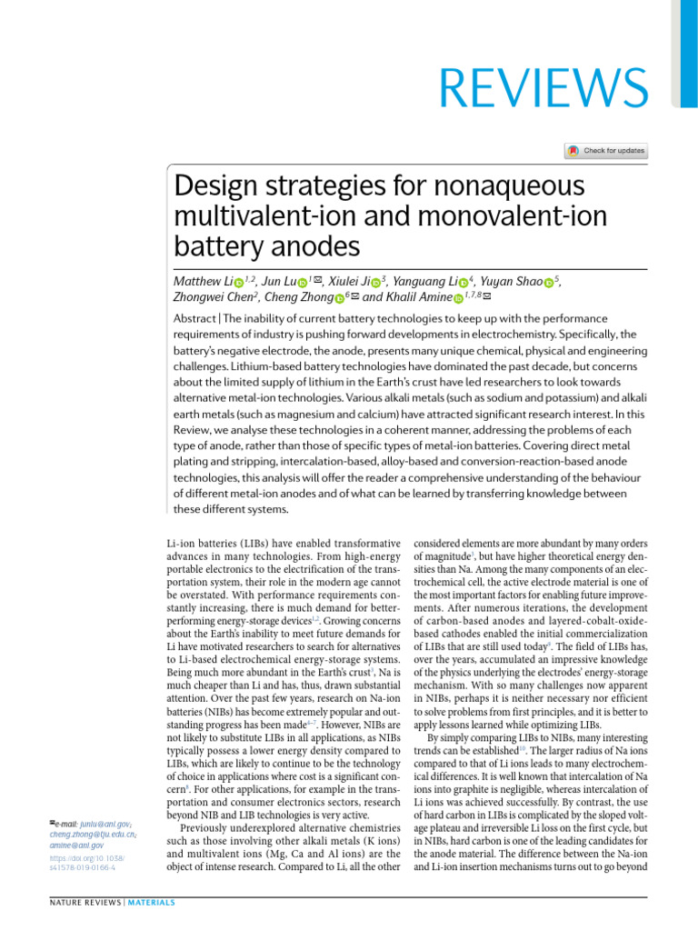 Design Strategies For Nonaqueous Multivalent - Ion and Monovalent - Ion ...