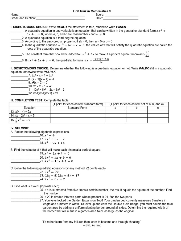 Mathematics 9 Quiz on Quadratic Equations | PDF | Quadratic Equation ...