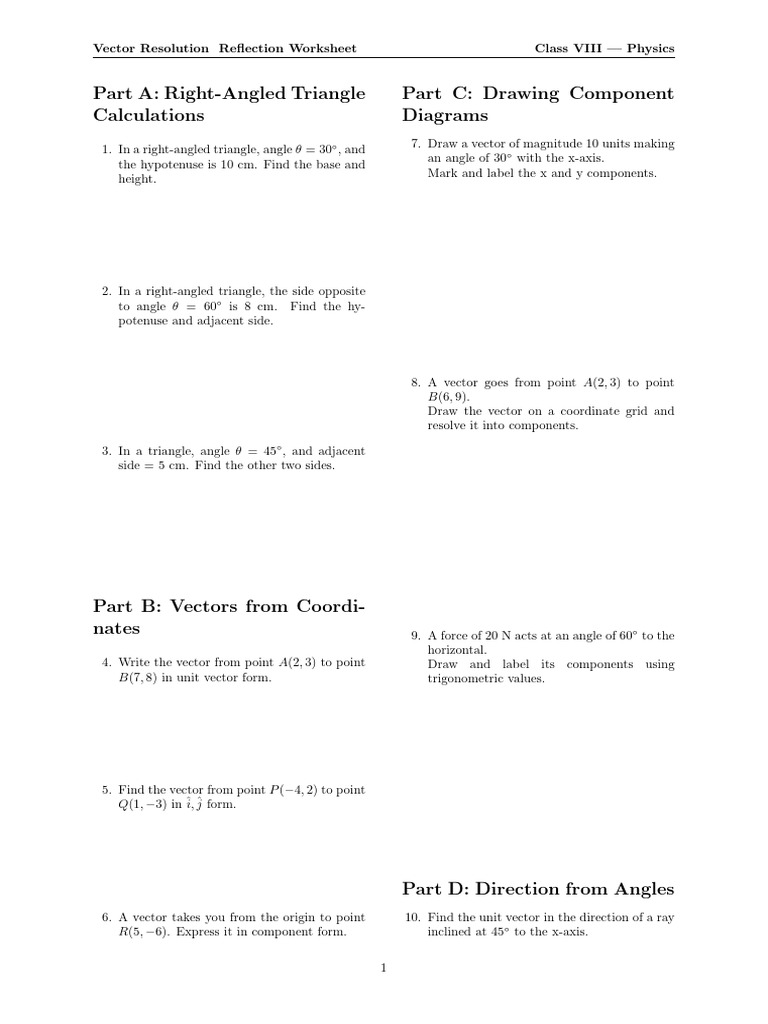 Vector Resolution and Reflection Worksheet | PDF | Cartesian Coordinate ...