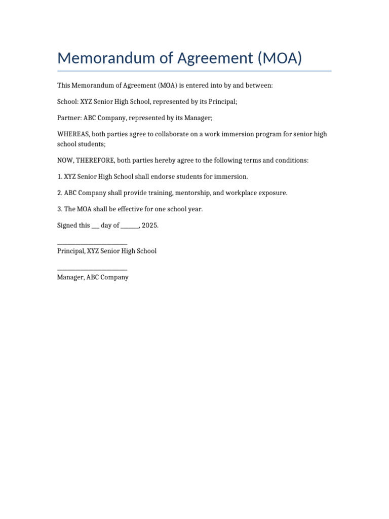 MOA for Student Work Immersion Program | PDF
