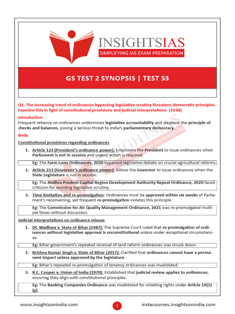 IPM Test Series 2025-1-0 General Studies Paper 2 (Mains) Synopsis | PDF ...