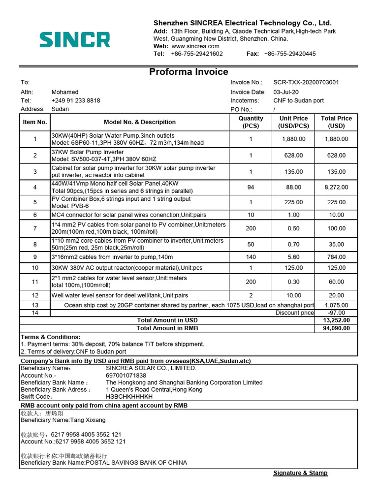 Proforma Invoice for Solar Equipment | PDF | Solar Panel | Electric Power