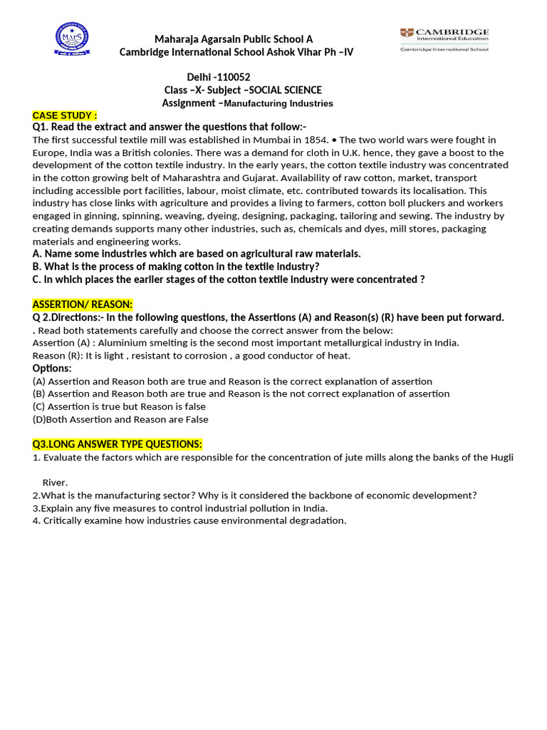 Assignment Manufacturing Industries Pdf Cotton Textiles