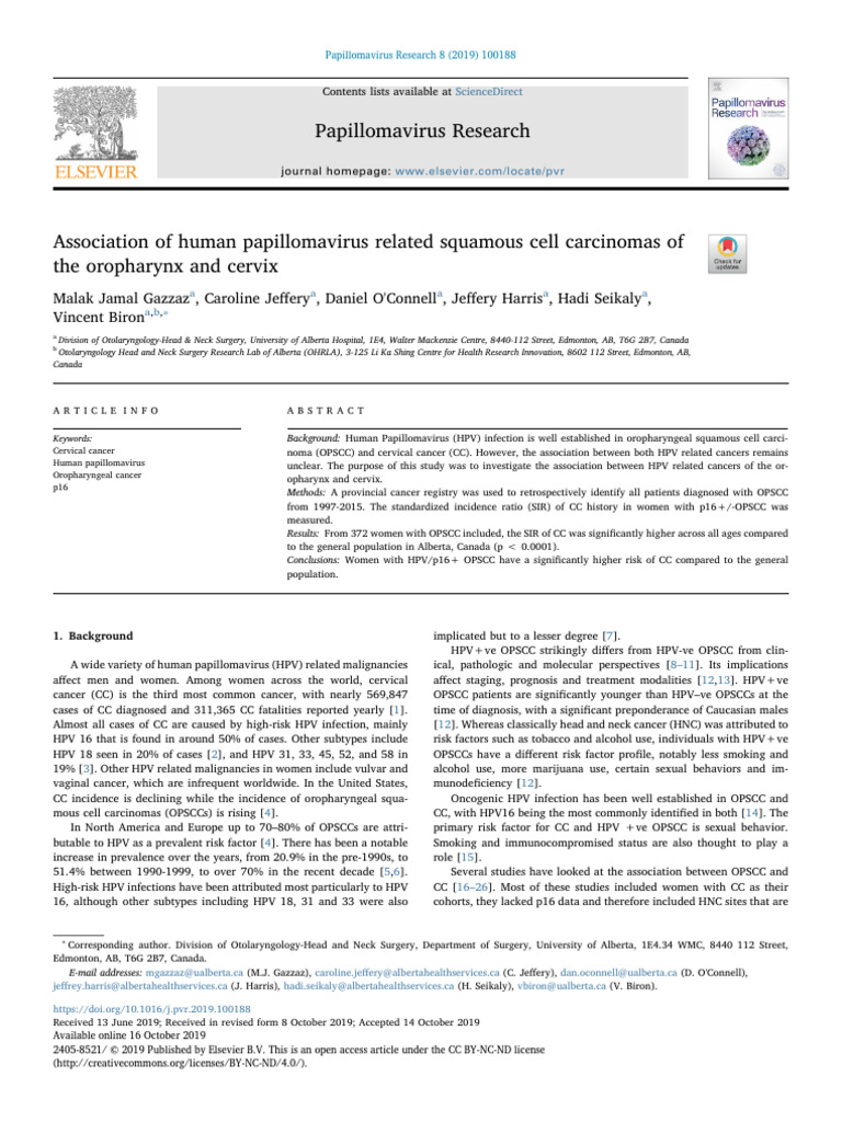 Association of Human Papillomavirus Related Squamous Cell 2019 ...
