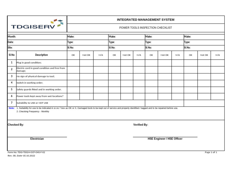 Power Tools Inspection Checklist | PDF