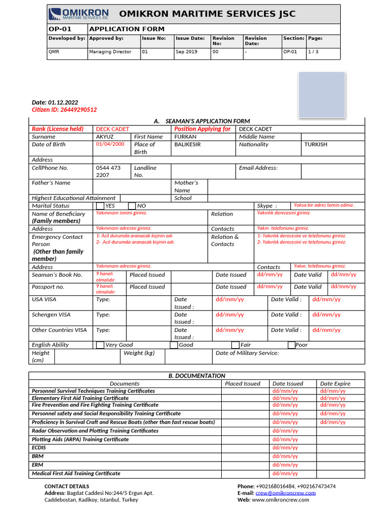 Seaman's Application Form for Deck Cadet | PDF | Ships | Water Transport