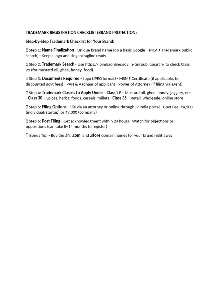 Curated visual reference: Trademark Search Checklist For Defensive Mark Reference: Trademark Registration Checklist India