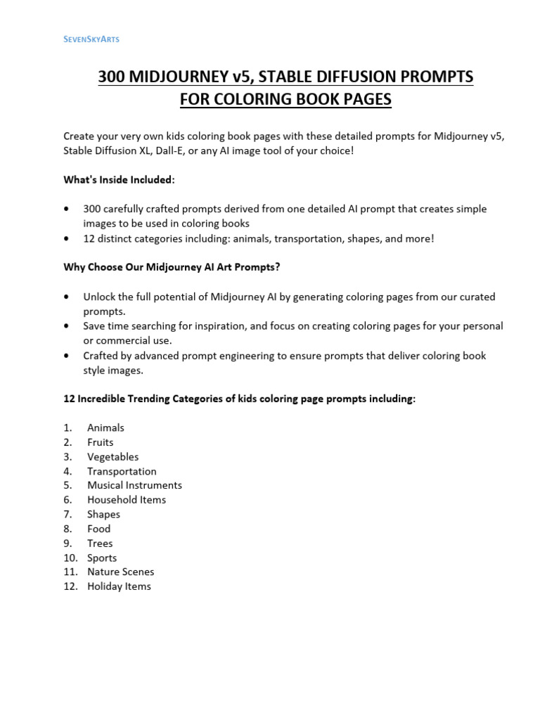 300 AI Prompts for Kids' Coloring Pages | PDF | Artificial Intelligence ...