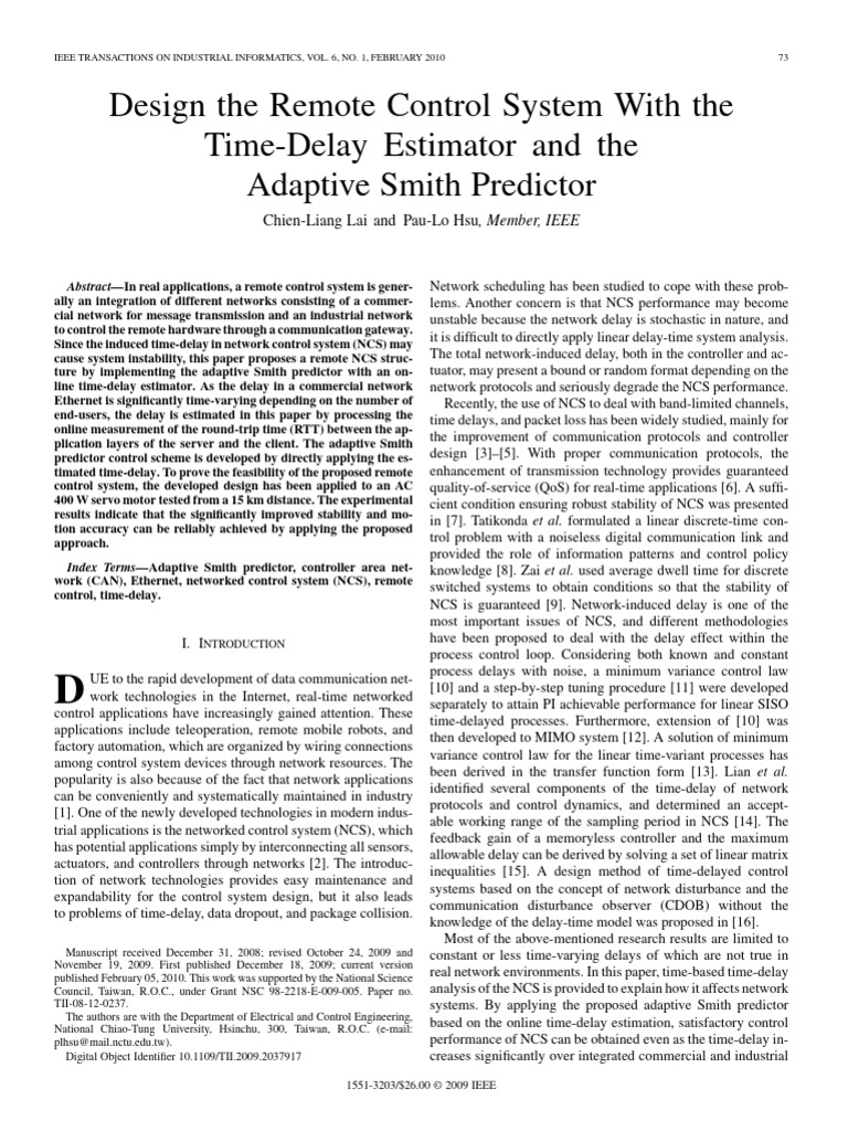 Adaptive Smith Predictor for Remote Control | PDF | Computer Network ...