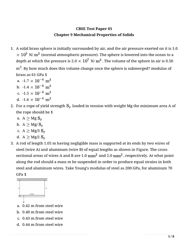 CBSE Test Paper: Mechanical Properties of Solids | PDF | Deformation ...