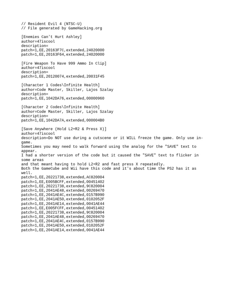 Resident Evil 4 NTSC-U Patch Codes | PDF
