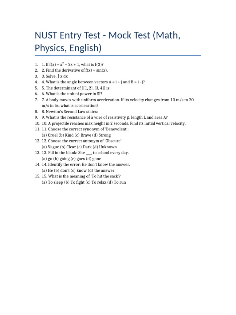 NUST Mock Test: Math, Physics, English | PDF