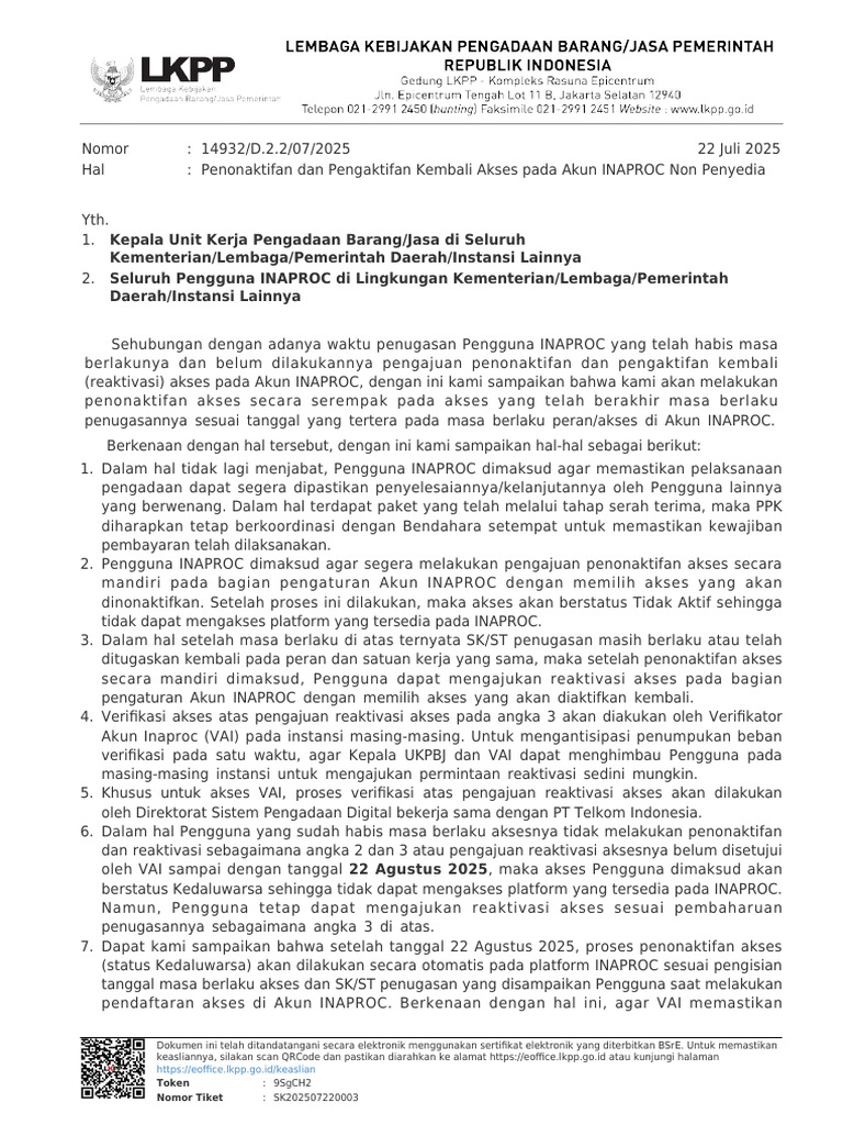 Panduan Penonaktifan Akses INAPROC | PDF