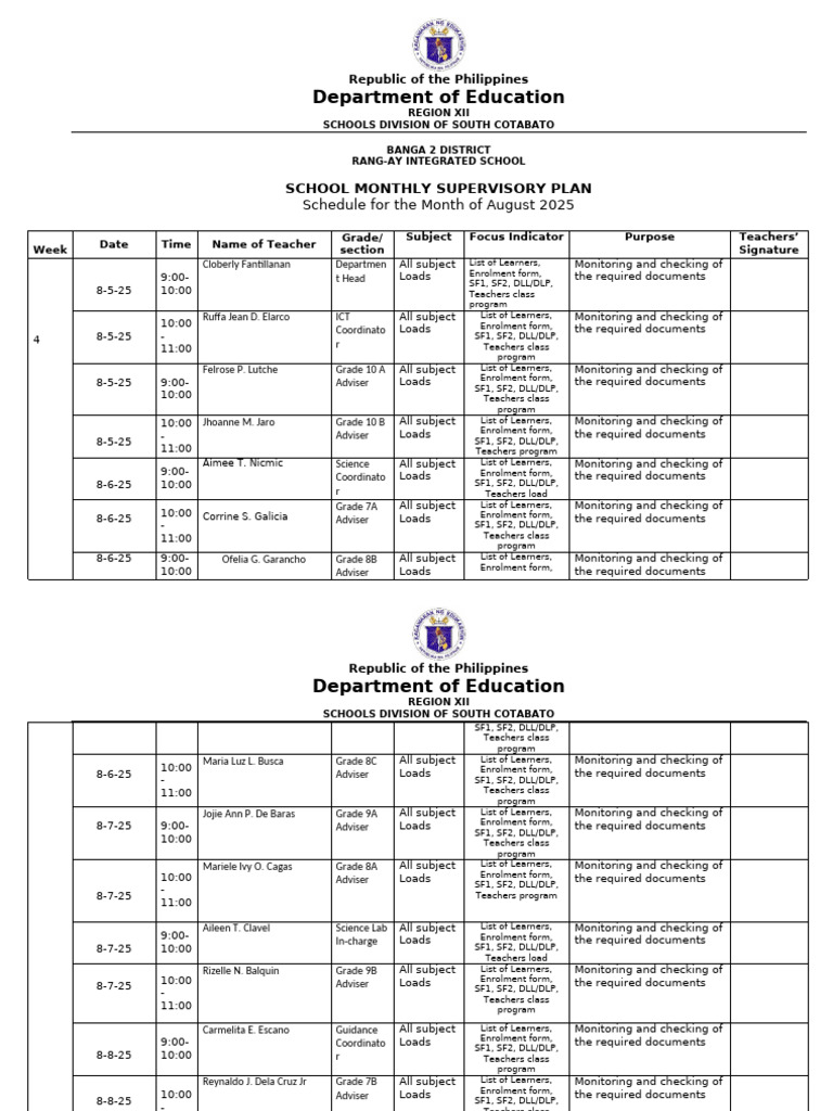 Monthly Supervisory Plan for Schools | PDF | Philippines | Southeast Asia