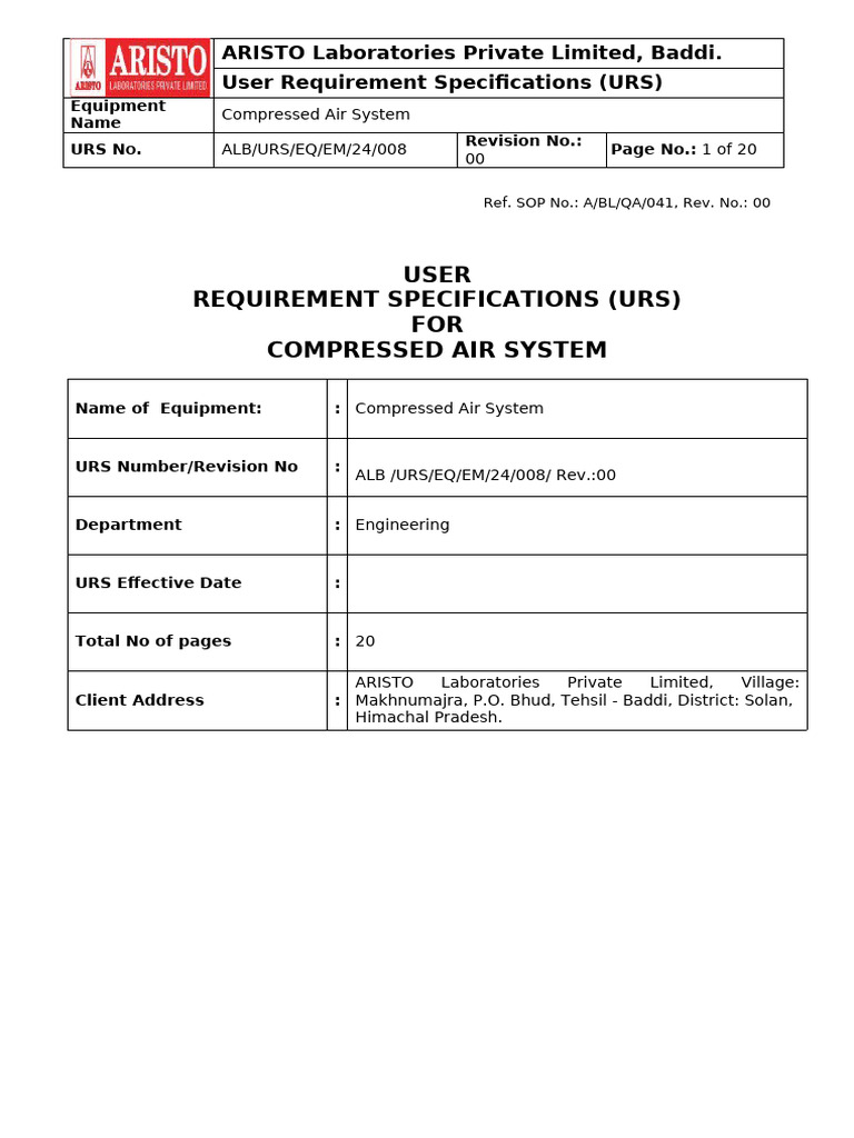 Compressed Air System URS for Aristo Labs | PDF | Oxide | Atmosphere Of ...