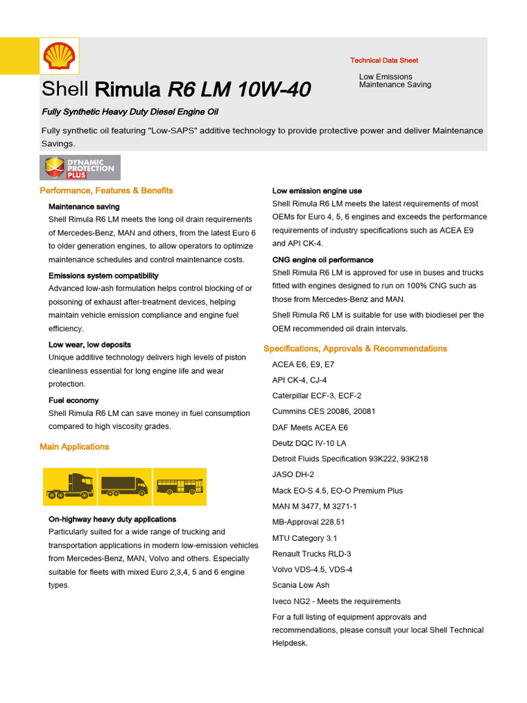 Shell Rimula r6 LM 10W40 | PDF | Motor Oil | Vehicles
