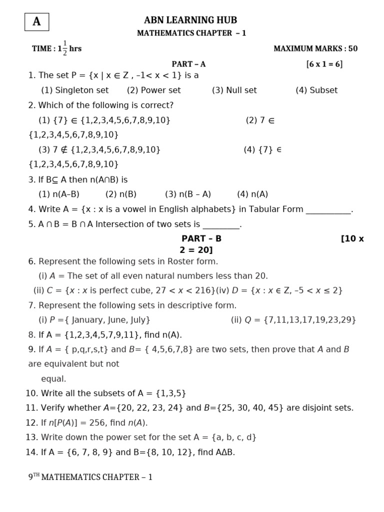 Class 9 Maths: Sets Test with Answers | PDF