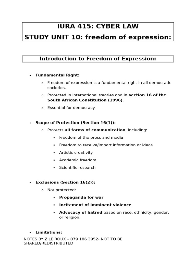 IURA 415 SU 10 (Freedom of Expression) PDF Defamation Cyberbullying