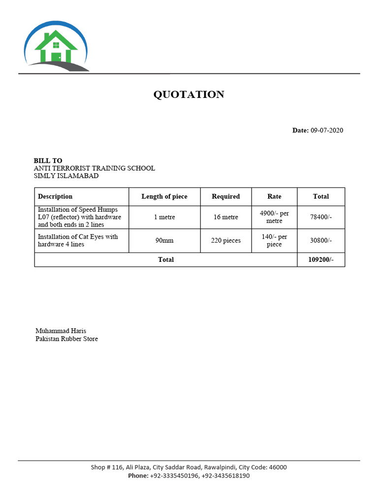 Quotation for Speed Humps and Cat Eyes | PDF