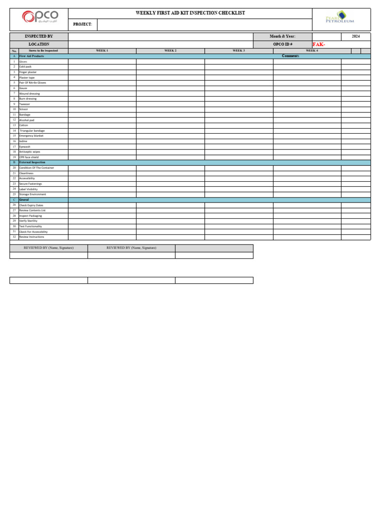OPCO EBL 230 HSE GN CHL 002 Weekly FAK Safety Inspection Checklist | PDF