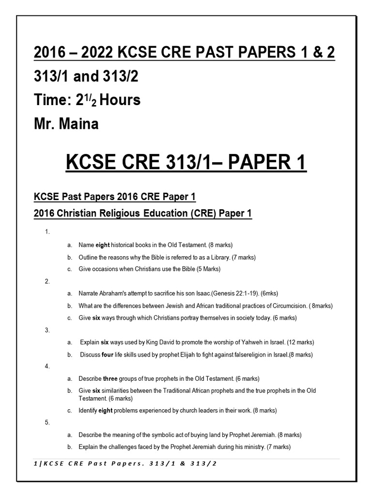 KCSE CRE Paper 2 Past Papers 2022 | PDF | Isaac | Elijah