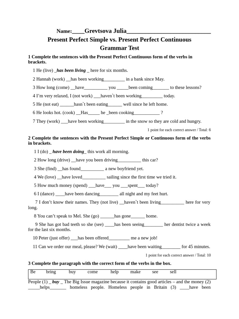 Present Perfect Grammar Test | PDF | Linguistics