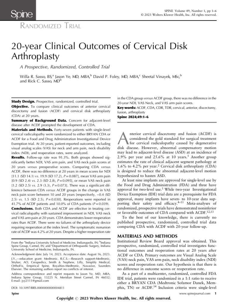 20-Year Outcomes: CDA vs. ACDF | PDF | Medicine | Medical Specialties
