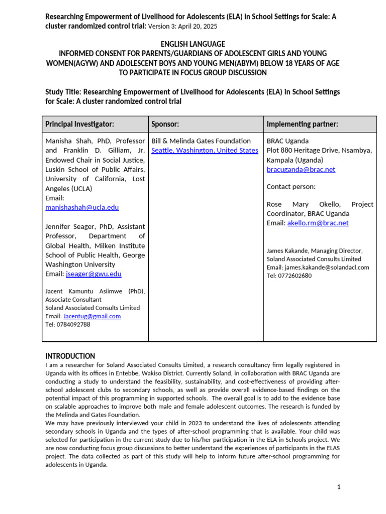 FGD English INFORMED CONSENT FOR Parents and Guardians of AGYW&ABYM ...