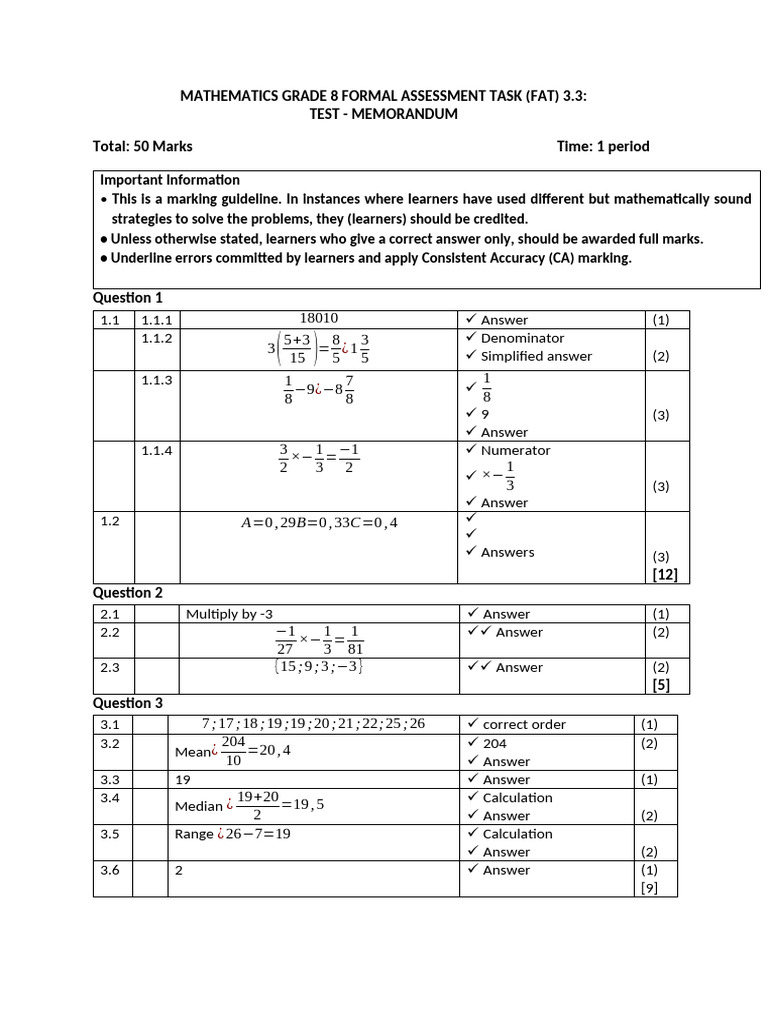 Grade 8 Term 3 Maths Test Memorandum | PDF | Mathematics