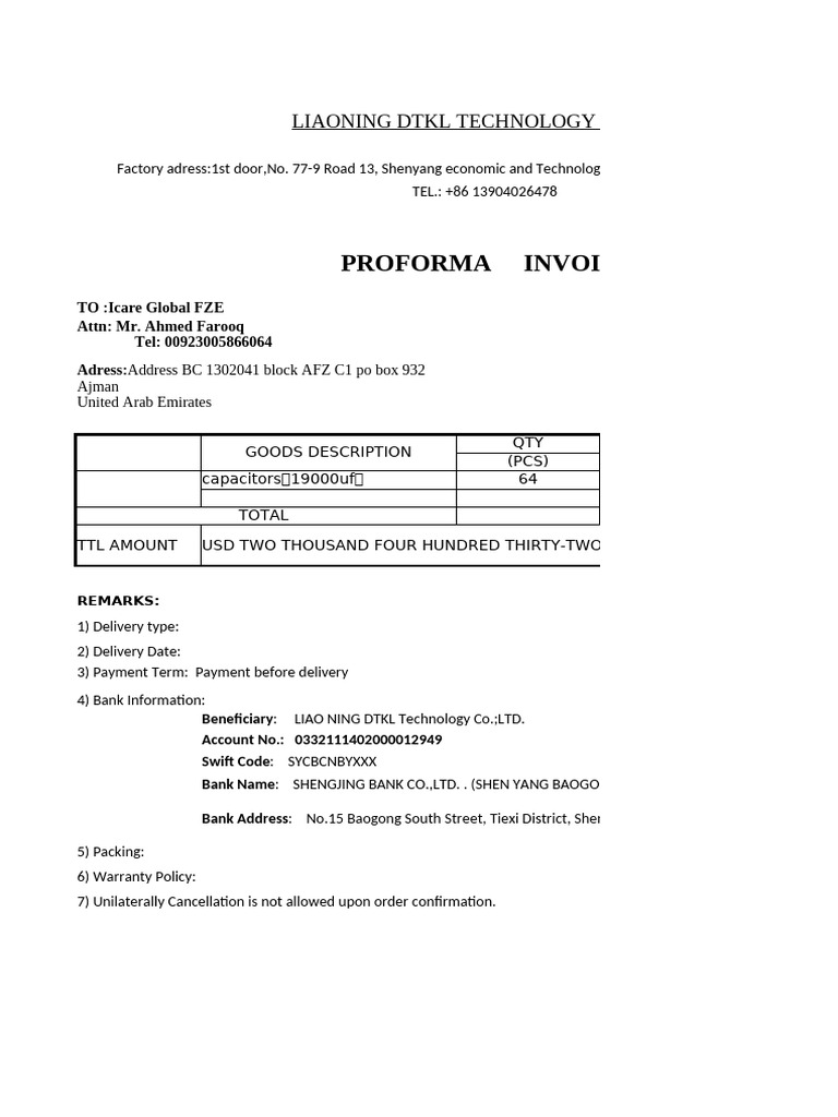 Proforma Invoice from Liaoning DTKL | PDF