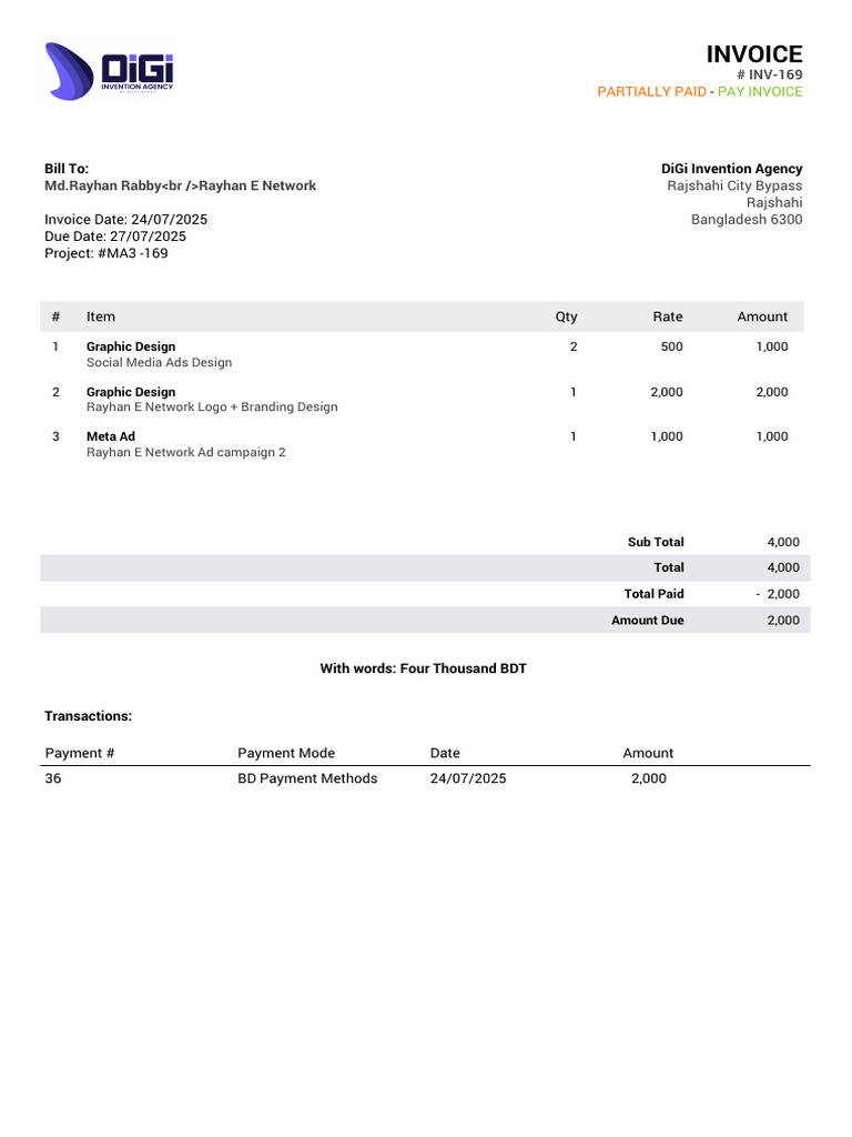 Invoice INV-169 for Graphic Design Services | PDF