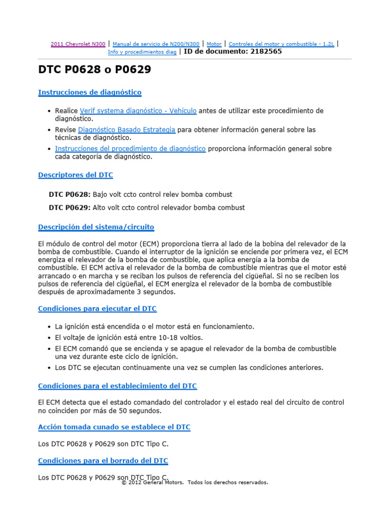 Diagnóstico DTC P0628 y P0629 Chevrolet | PDF | Relé | Red eléctrica