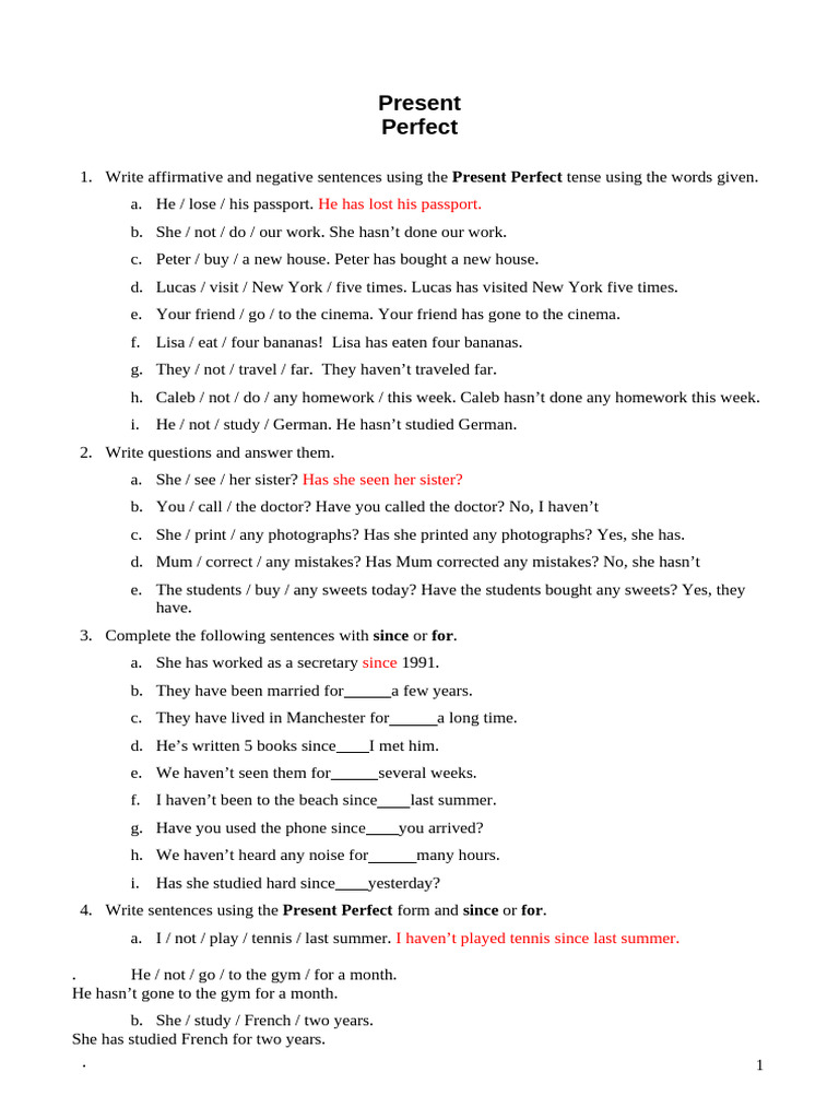 Present Perfect Practice 2 | PDF