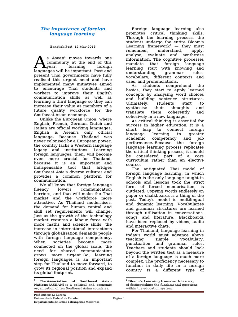 Text - The Importance of Foreign Language Learning | PDF | Spanish ...