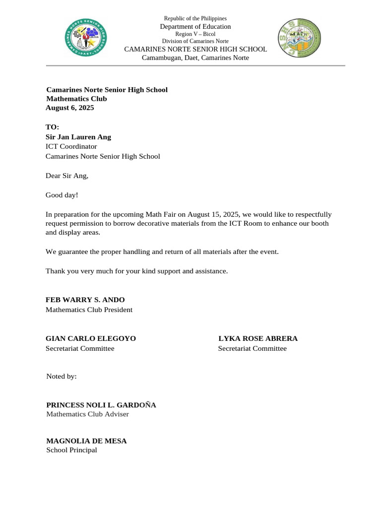 Request for Math Fair Materials | PDF