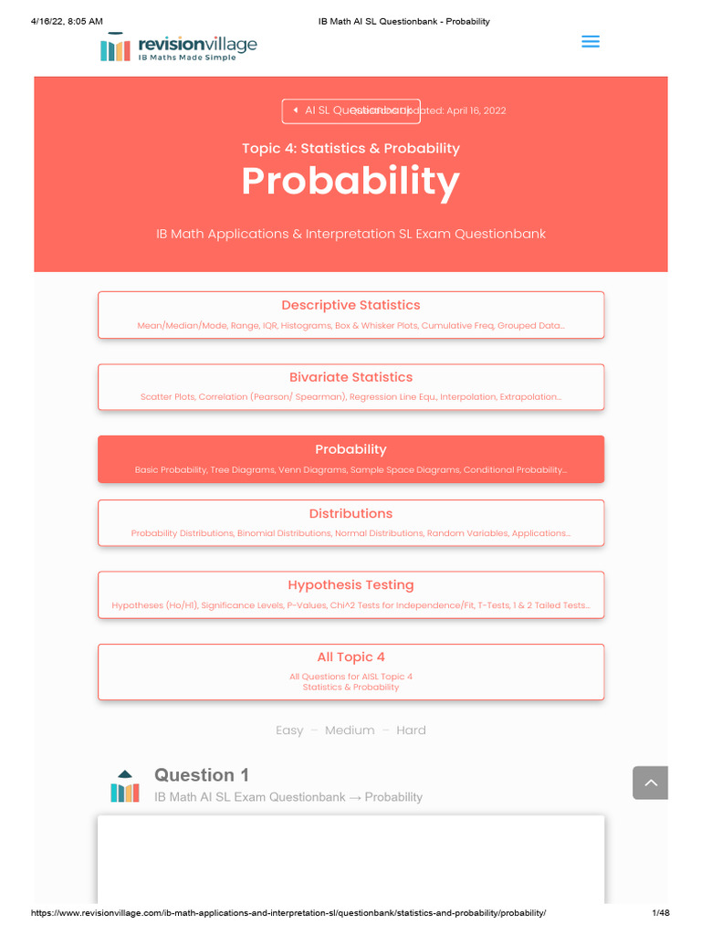 IB Math AI SL Probability Questionbank | PDF | Statistics | Probability ...