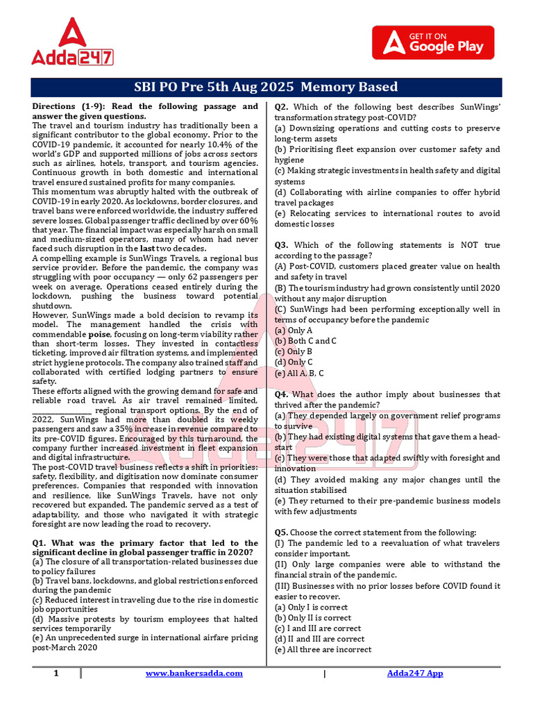 SBI PO Pre 2025 Memory Based Paper 5 Aug 2025 2nd Shift 771509 | PDF ...