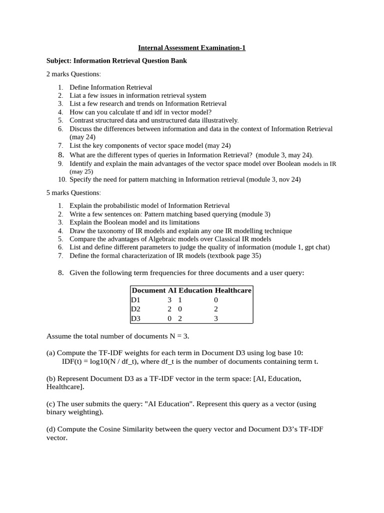 Information Retrieval Exam Question Bank | PDF