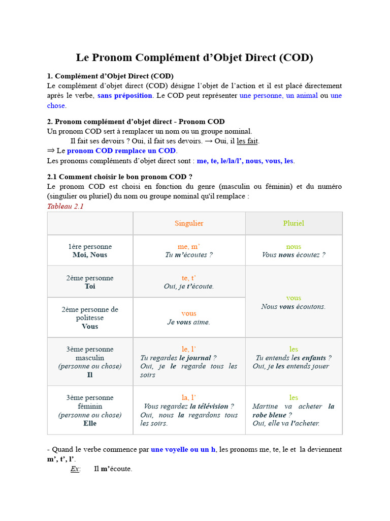 Les pronoms COD en français | PDF | Genre grammatical | Pronom